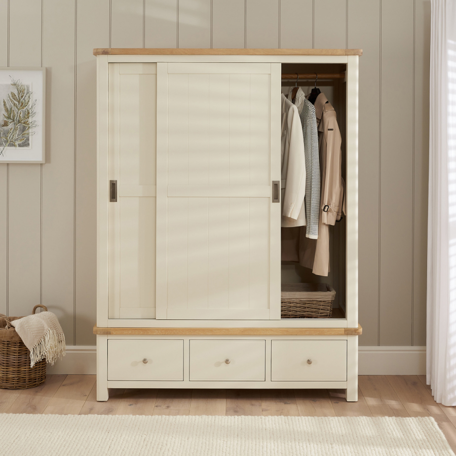 Marbury Cream Painted Large Double Wardrobe with 2 Sliding Doors & 3 Drawers