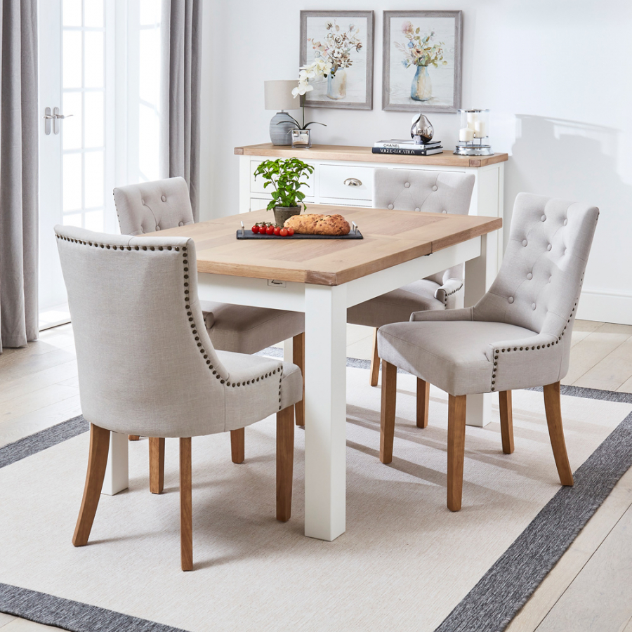 Cheshire White Painted Extending Dining Table + 4 Natural Scoop Chairs