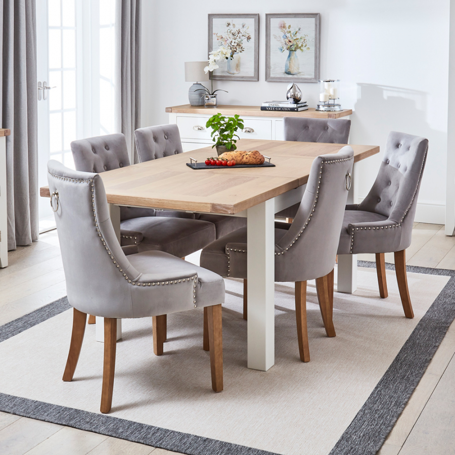 Cheshire White Painted Extending Dining Table + 6 Grey Velvet Scoop Chairs