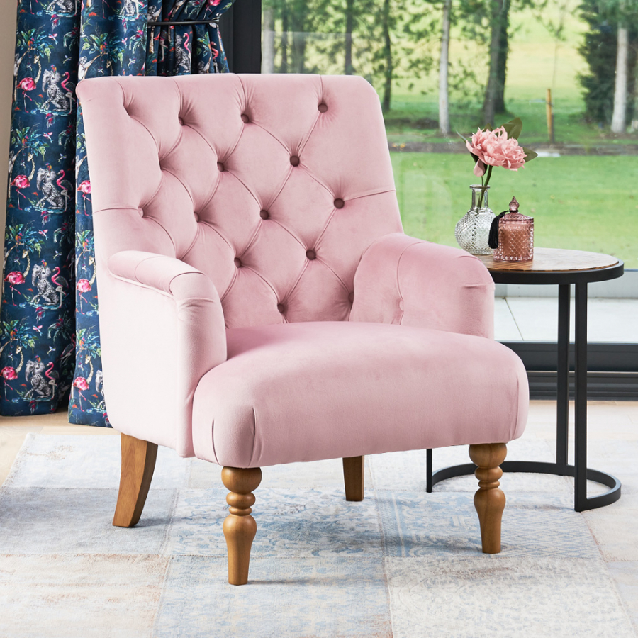 Chatsworth Blush Pink Velvet Button Upholstered Armchair The Furniture Market