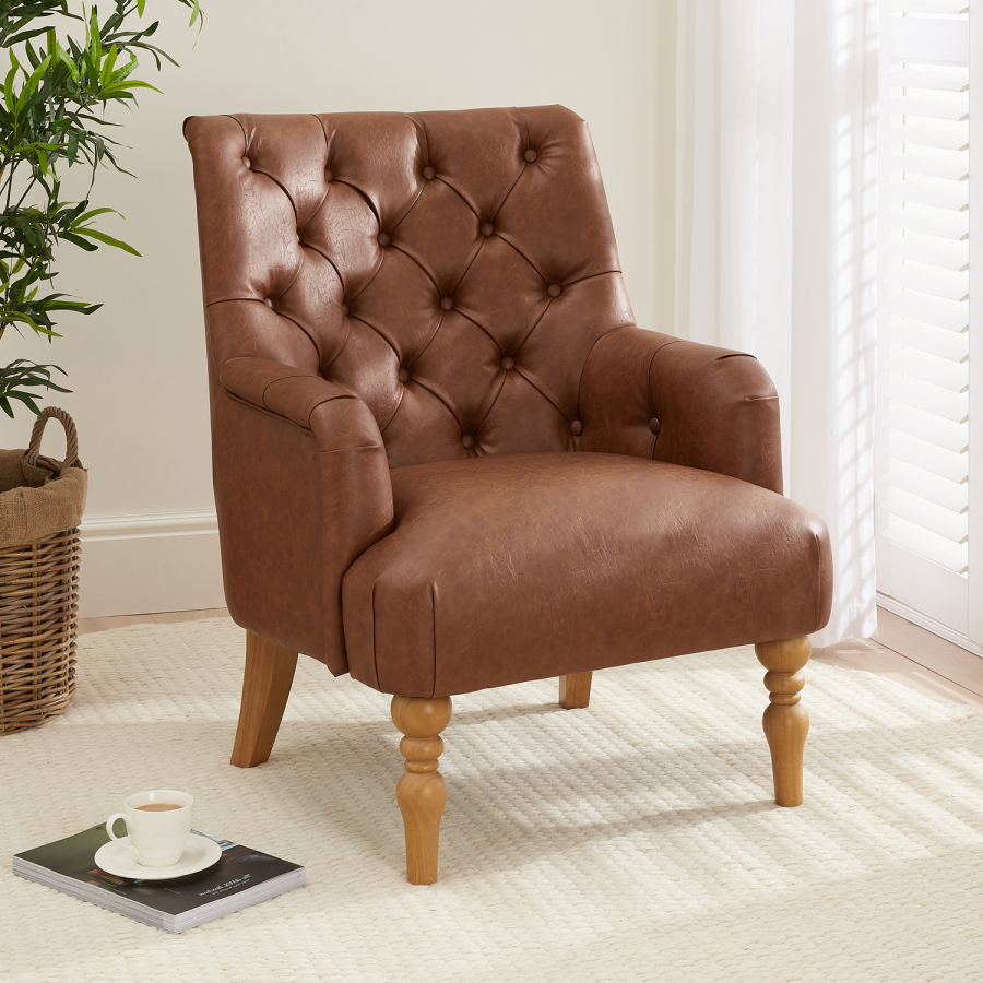 Chatsworth Tan Brown Faux Leather Button Upholstered Armchair