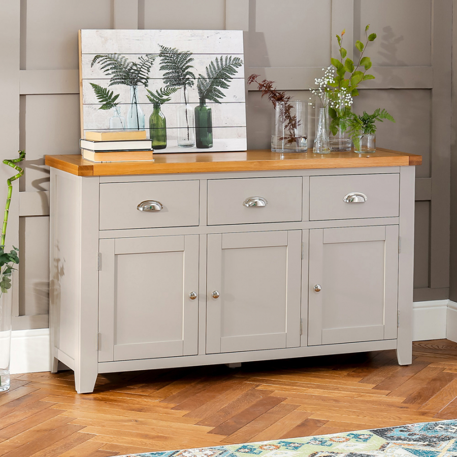 Downton Grey Painted Large 3 Drawer 3 Door Sideboard