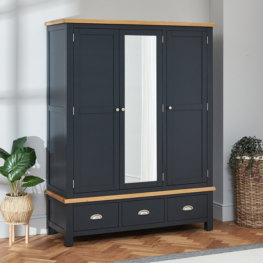 Cotswold Charcoal Grey Painted Triple 3 Door Wardrobe with Mirror