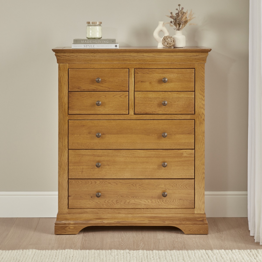 French Louis Oak Tall Large 4 over 3 Drawer Chest of Drawers