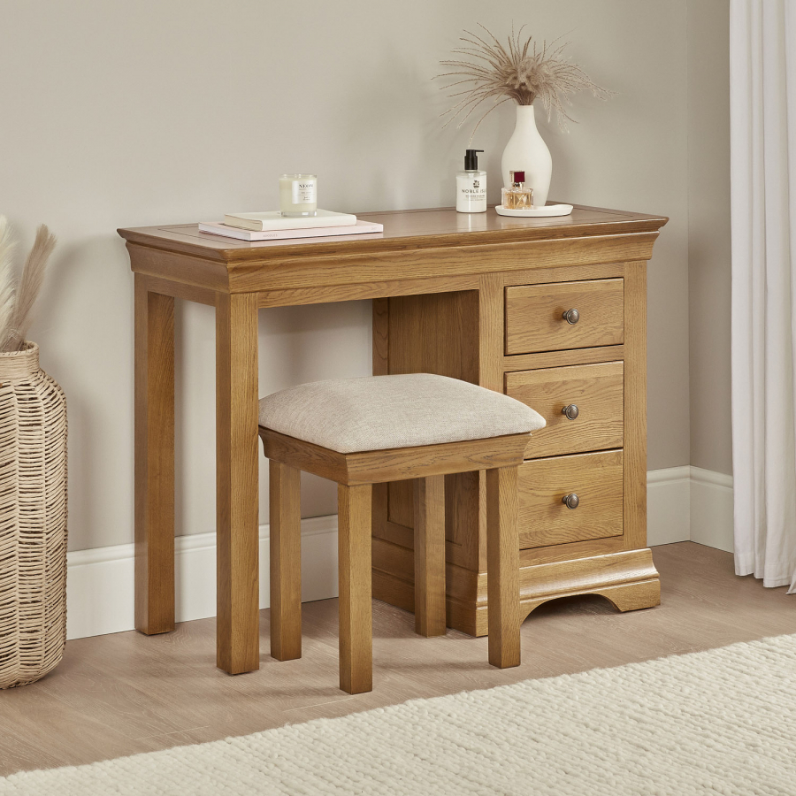 French Louis Oak Single Pedestal Dressing Table Set with Stool