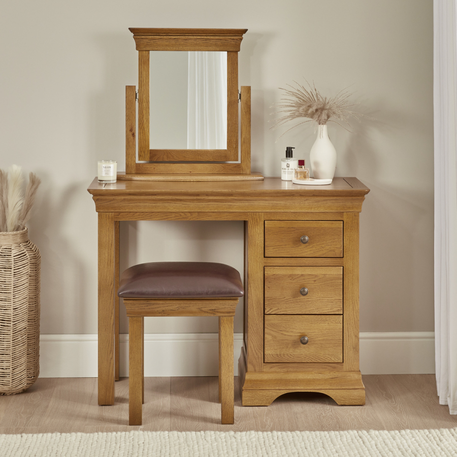 French Louis Oak Dressing Table Stool & Mirror Set