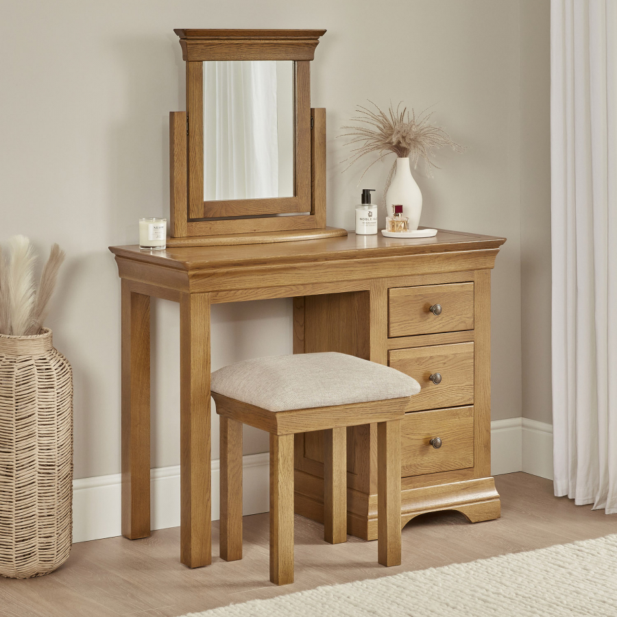 French Louis Oak Twin Pedestal Dressing Table Set with Mirror and Stool