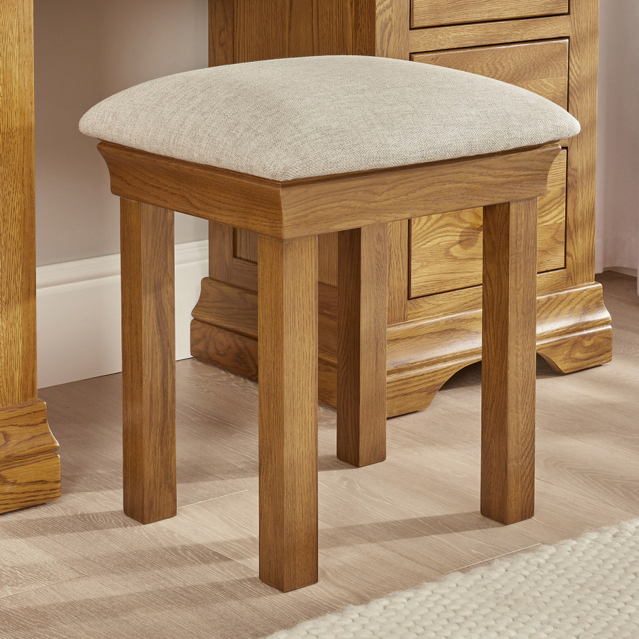 French Louis Oak Solid Dressing Table Stool with Natural Fabric Seat