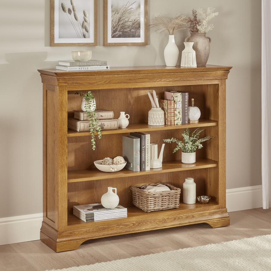 French Louis Oak Wide Low Bookcase