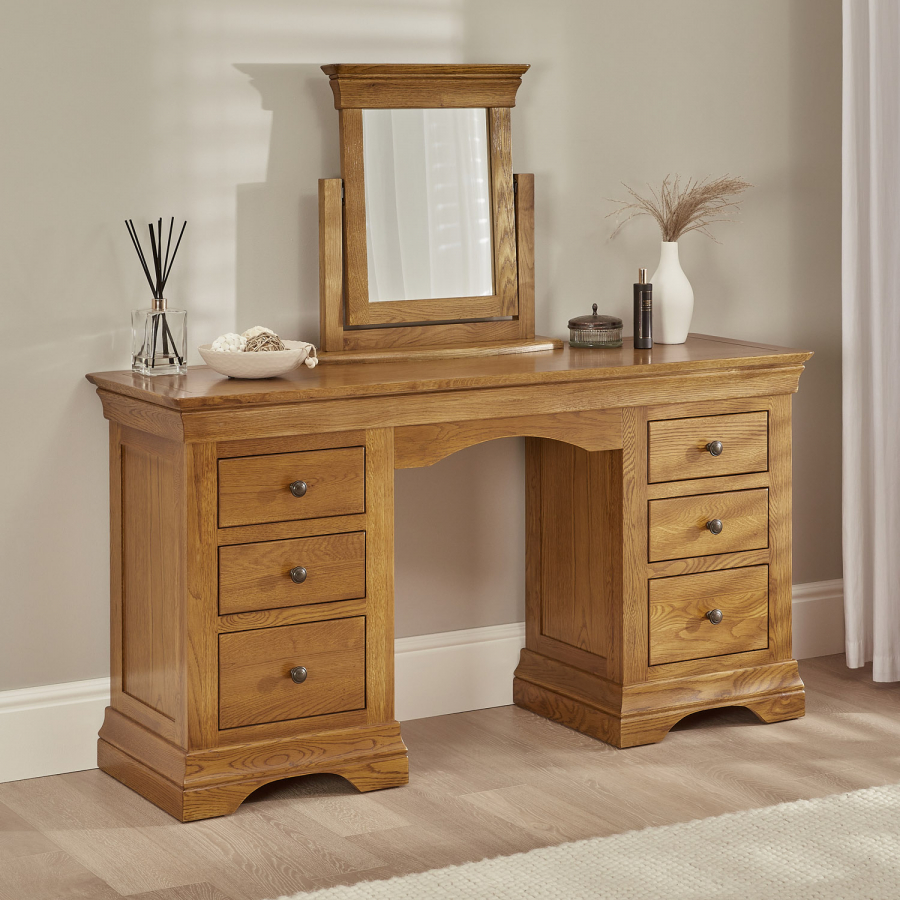 French Louis Oak Twin Pedestal Dressing Table Set with Mirror