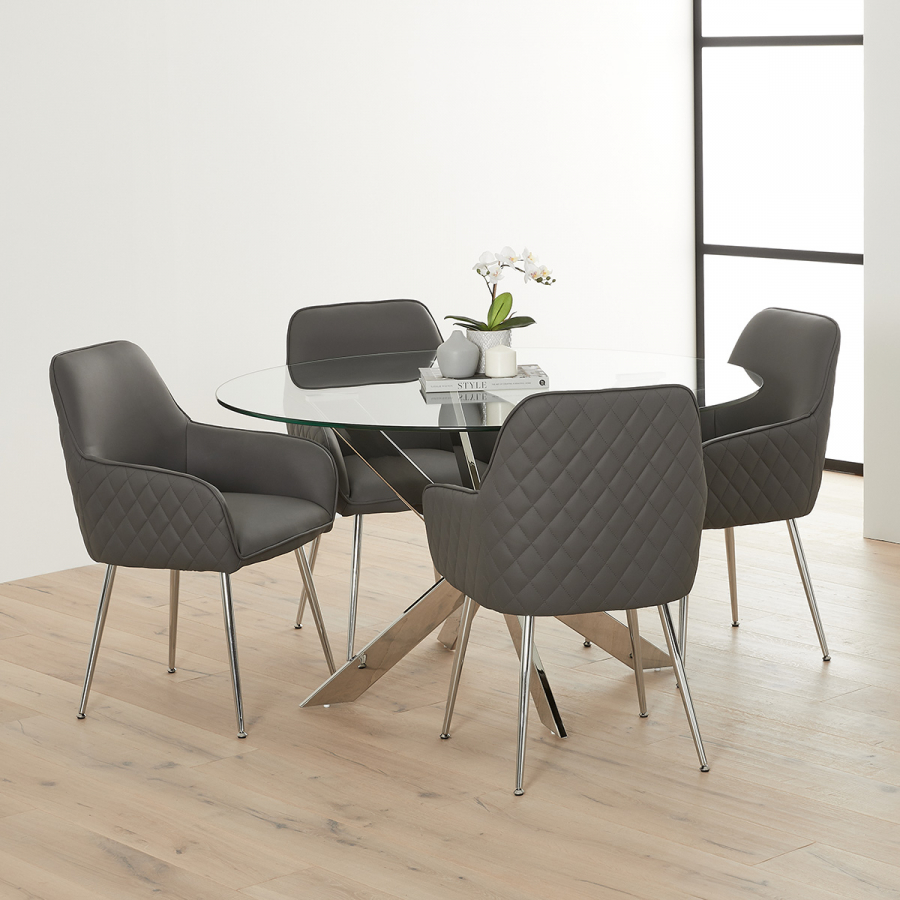 Geo Glass 130cm Round Dining Table with Chrome Legs and 4 Savoy Dark Grey Carver Chairs