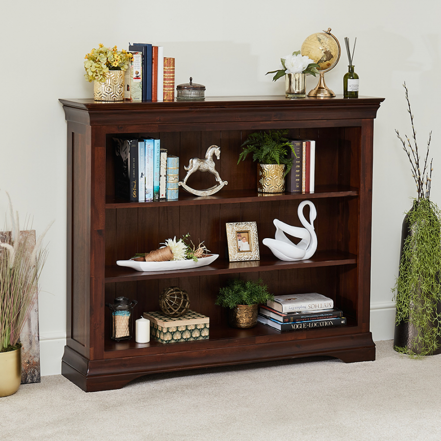 French Hardwood Mahogany Stained Wide Low Bookcase