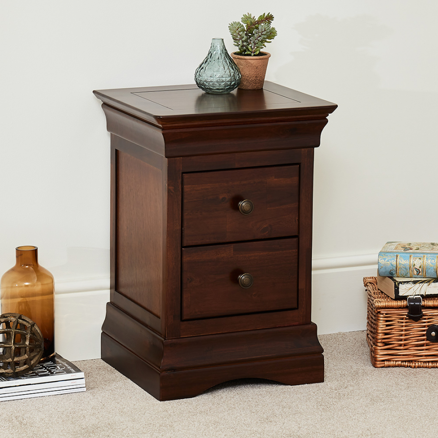 French Hardwood Mahogany Stained 2 Drawer Slim Bedside Table