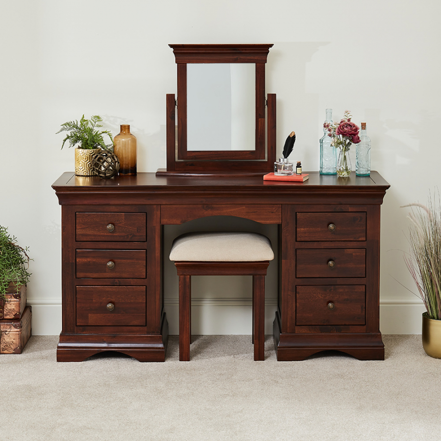 French Hardwood Twin Pedestal Dressing Table Set with Mirror & Stool