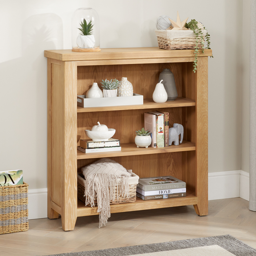 Cheshire Weathered Limed Oak Small Low Compact Adjustable 2 Shelf Bookcase