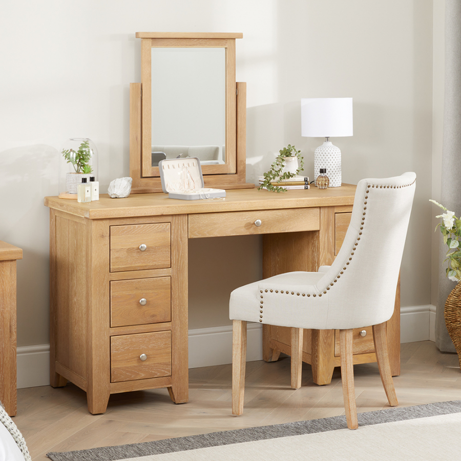 Cheshire Weathered Limed Oak Twin Pedestal Dressing Table Set with Chair + Mirror