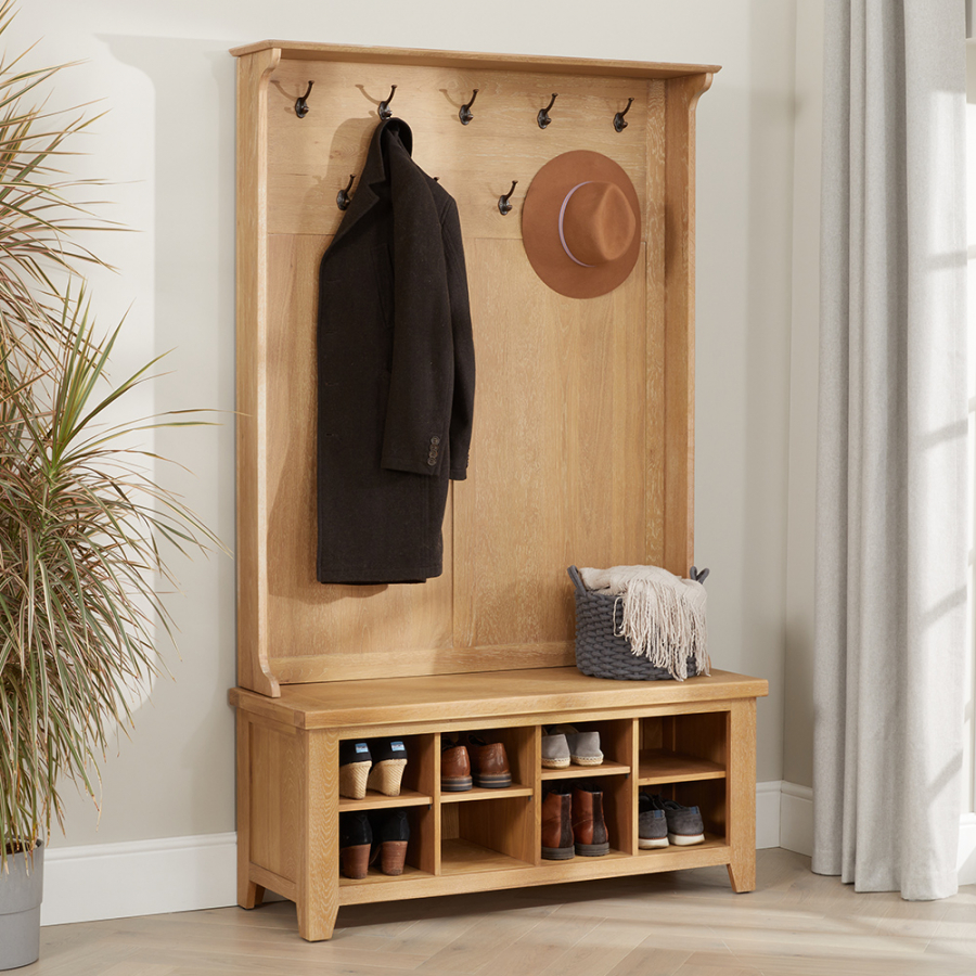 Cheshire Weathered Limed Oak Hallway Tidy Shoe Storage Bench with Coat Rack