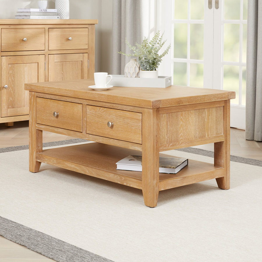 Cheshire Weathered Limed Oak 2 Drawer Coffee Table with Shelf