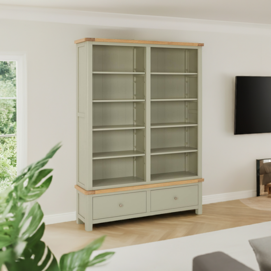 Marbury Sage Green Painted Grand Double Library Bookcase with 2 Drawers