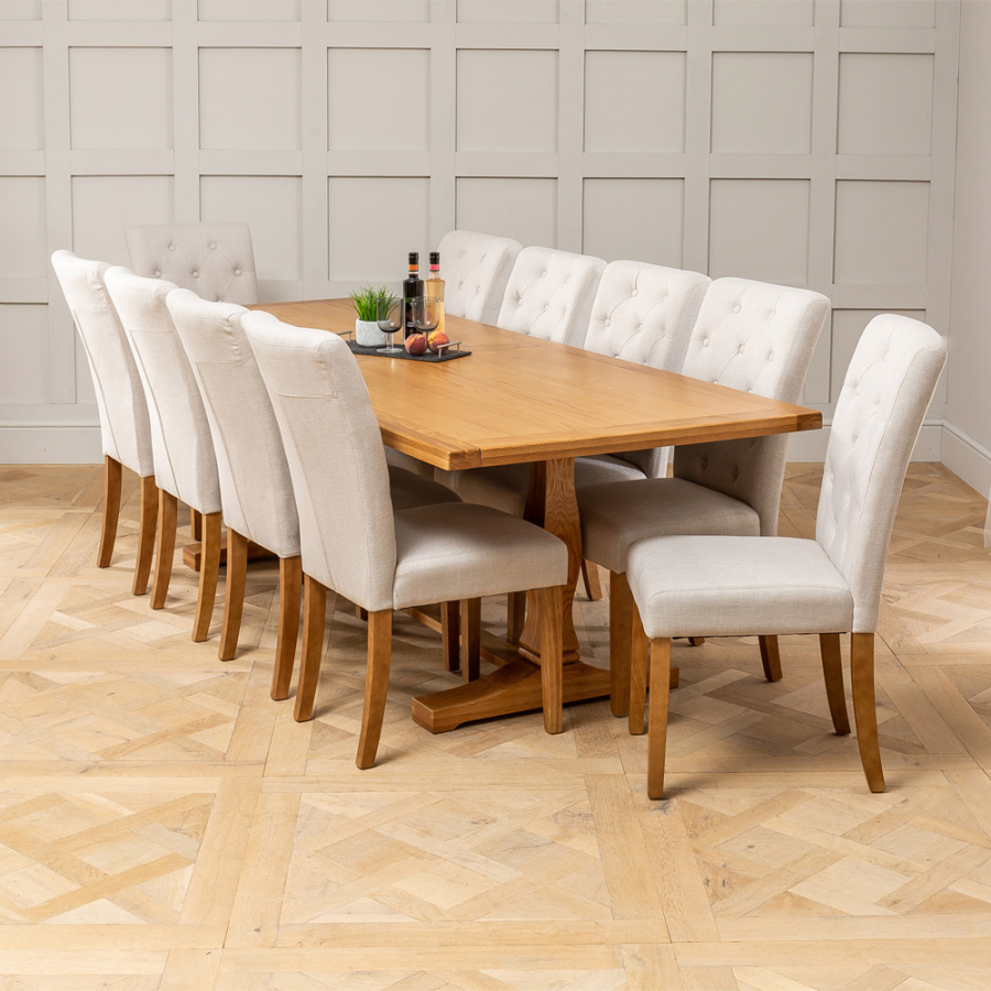 Solid Oak Refectory 2.4m Dining Table and 10 Bunbury Oatmeal Chairs