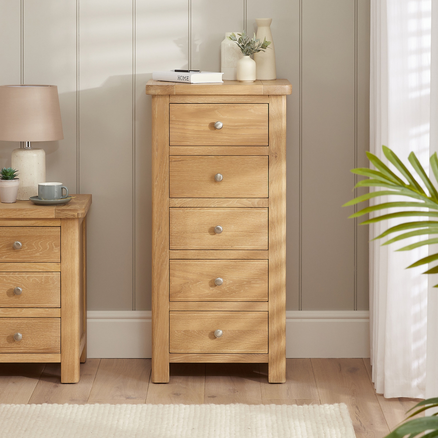 Marbury Oak 5 Drawer Tallboy Narrow Chest