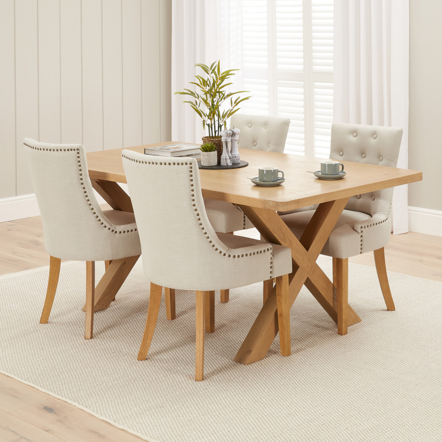 Marbury Oak 1.8m Cross Leg Dining Table and 4 Natural Fabric Scoop Back Chairs