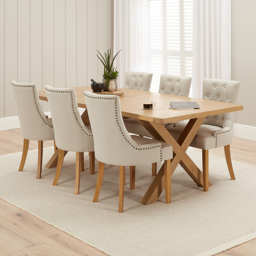 Marbury Oak 2.2m Cross Leg Dining Table and 6 Natural Fabric Scoop Back Chairs