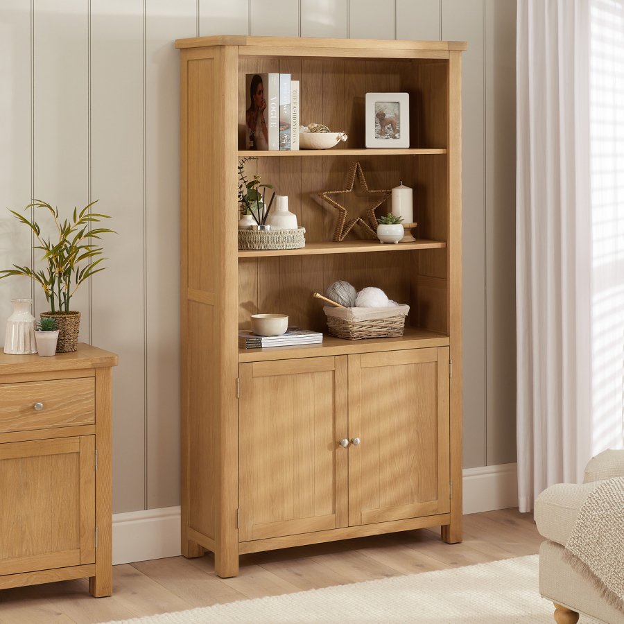 Marbury Oak Tall Wide Bookcase with 2 Door Cupboard