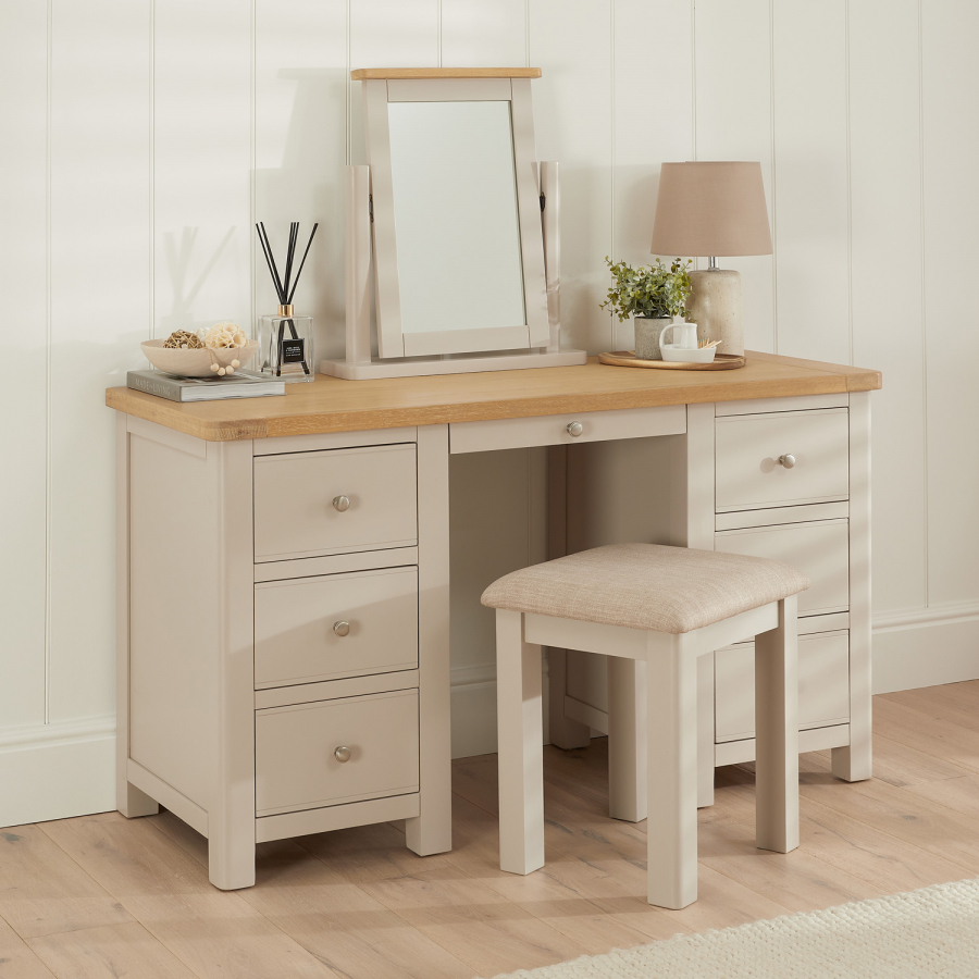 Marbury Putty Grey Painted Twin Pedestal Dressing Table Set with Stool & Mirror