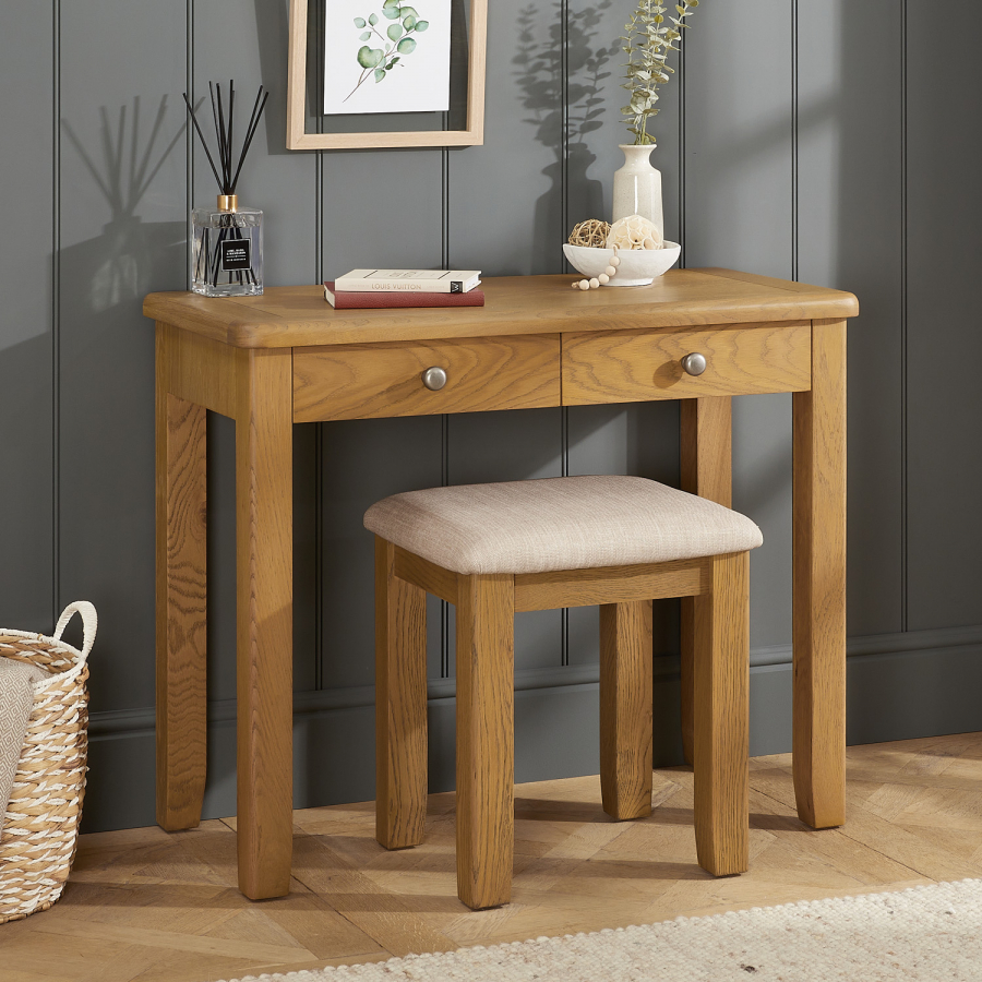 Cotswold Rustic Smoked Oak 2 Drawer Dressing Table Set with Stool