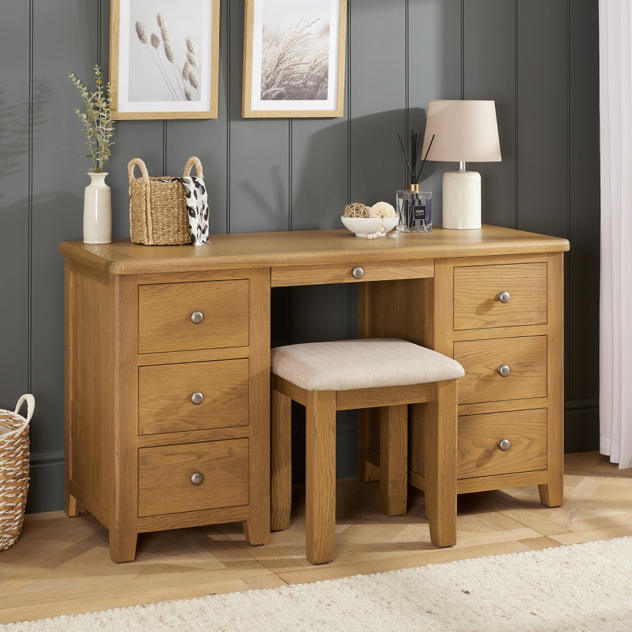 Cotswold Rustic Smoked Oak Twin Pedestal Dressing Table Set with Stool