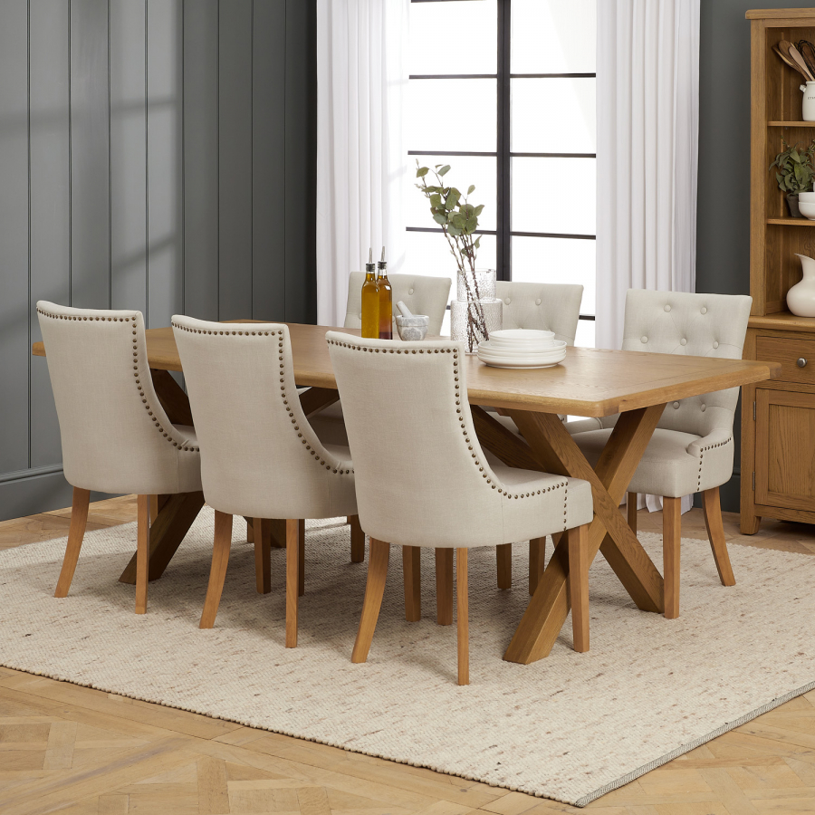 Cotswold Rustic Smoked Oak 2.2m Dining Table with Scoop Linen Dining Chairs x 6 qty