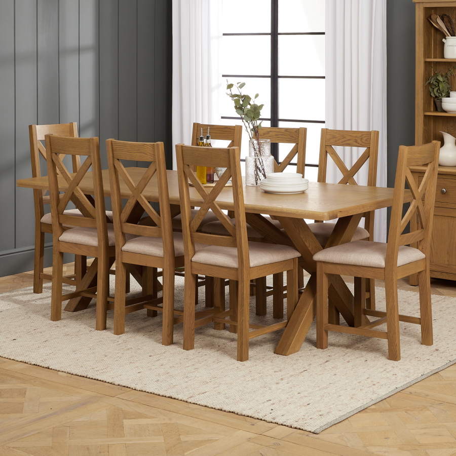 Cotswold Rustic Smoked Oak 2.2m Dining Table with Oak Dining Chairs x 8 qty