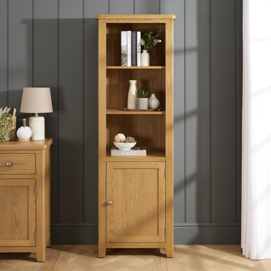 Cotswold Rustic Smoked Oak Tall Narrow Bookcase with 1 Door Cupboard