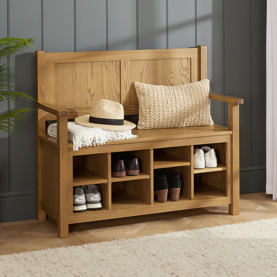 Cotswold Rustic Smoked Oak Monks Hallway Bench with Shoe Storage