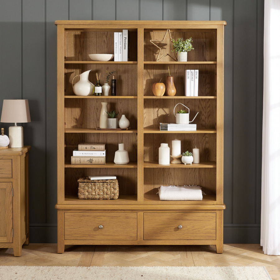 Cotswold Rustic Smoked Oak Grand Double Library Bookcase with 2 Drawers