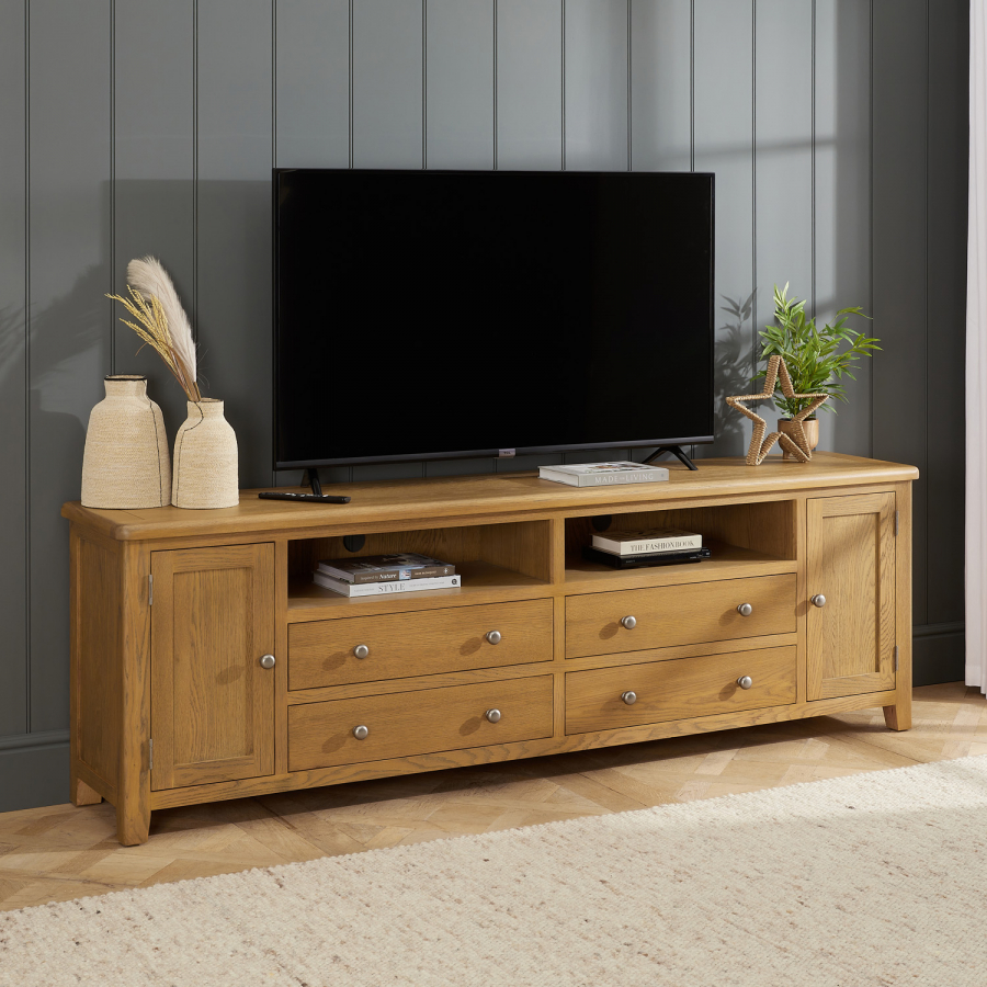 Cotswold Rustic Smoked Oak XXL Widescreen TV Unit Stand – Up to 100” TV Size