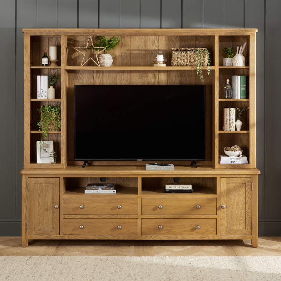 Cotswold Rustic Smoked Oak XXL Widescreen TV Media Storage Wall Unit - Up to 60" TV Size