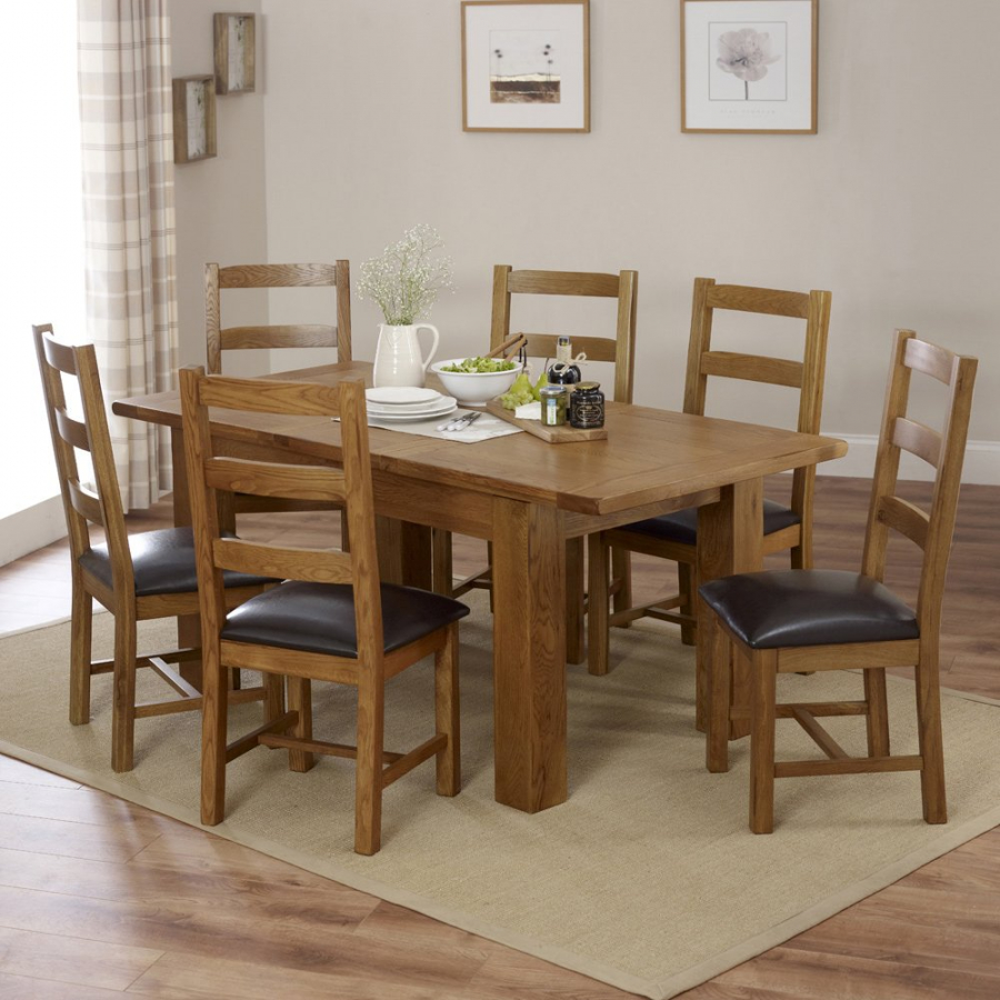 Rustic Oak Medium Extending Dining Table + 6 Ladder Back Chairs