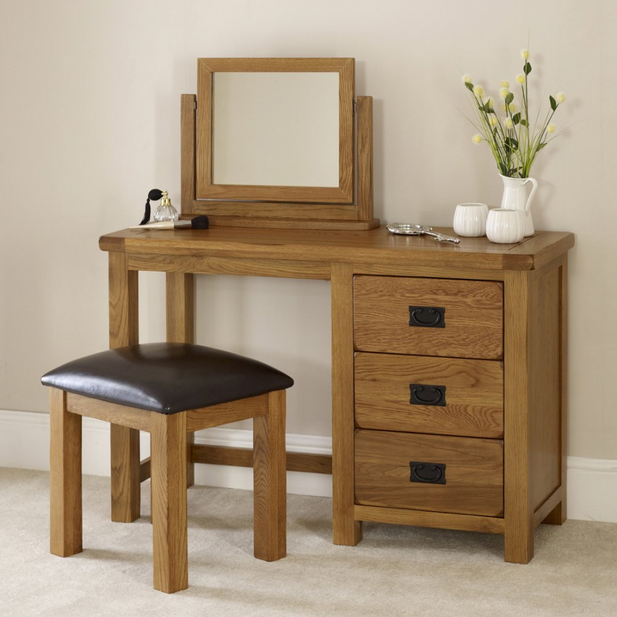 Rustic Oak Pedestal Dressing Table Mirror and Stool Set