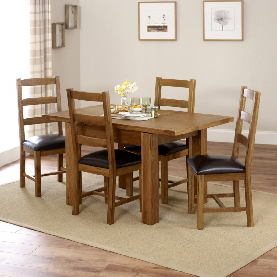 Rustic Oak Small Extending Dining Table + 4 Dining Chair Set