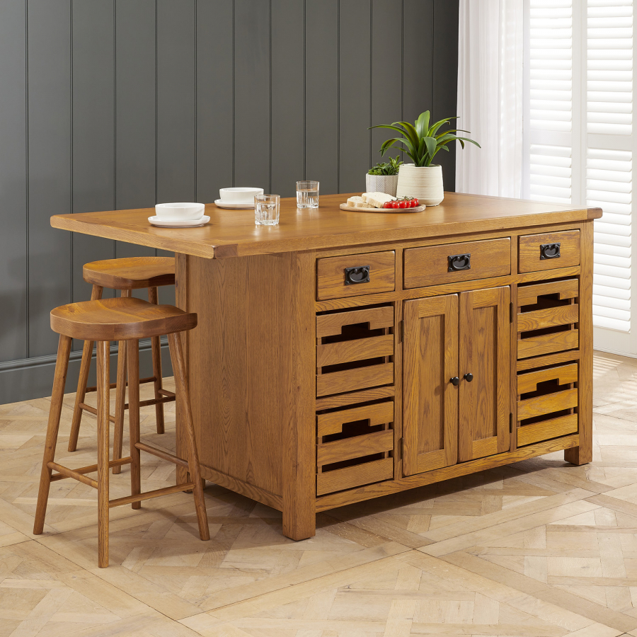 Rustic Oak Large Kitchen Island with Bar Top (4 Seater)