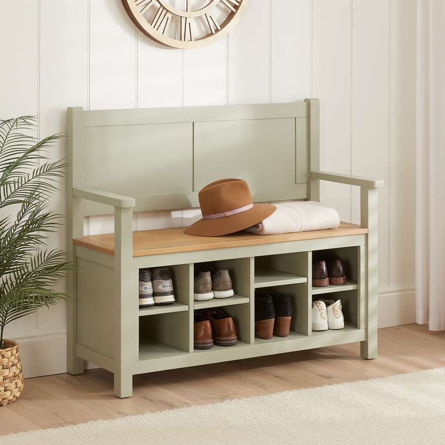 Marbury Sage Green Painted Monks Hallway Bench with Shoe Storage