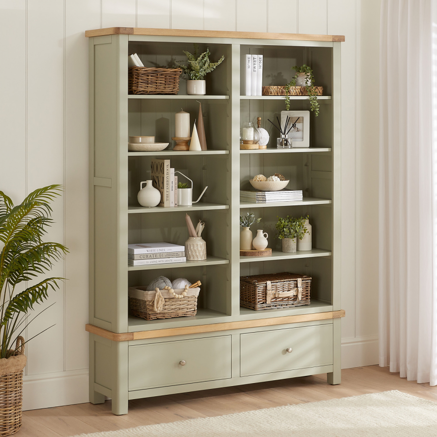 Marbury Sage Green Painted Grand Double Library Bookcase with 2 Drawers