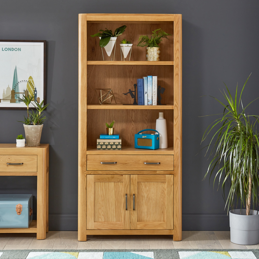 Soho Oak Large Tall Bookcase with 2 Door Cupboard and Drawer