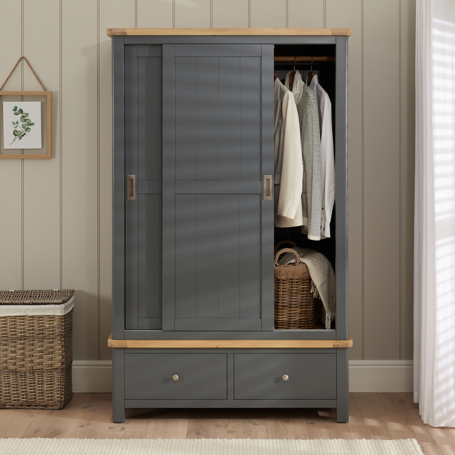 Marbury Slate Grey Painted Double Wardrobe with 2 Sliding Doors & 2 Drawers