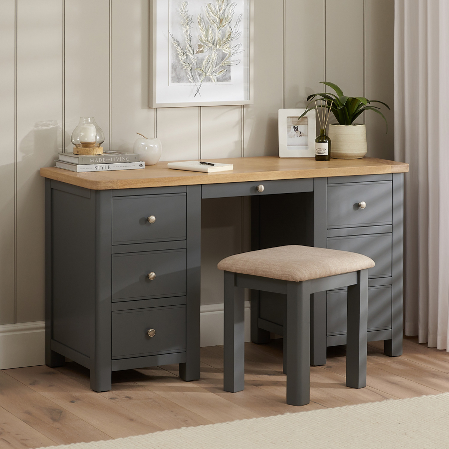 Marbury Slate Grey Painted Twin Pedestal Dressing Table Set with Stool