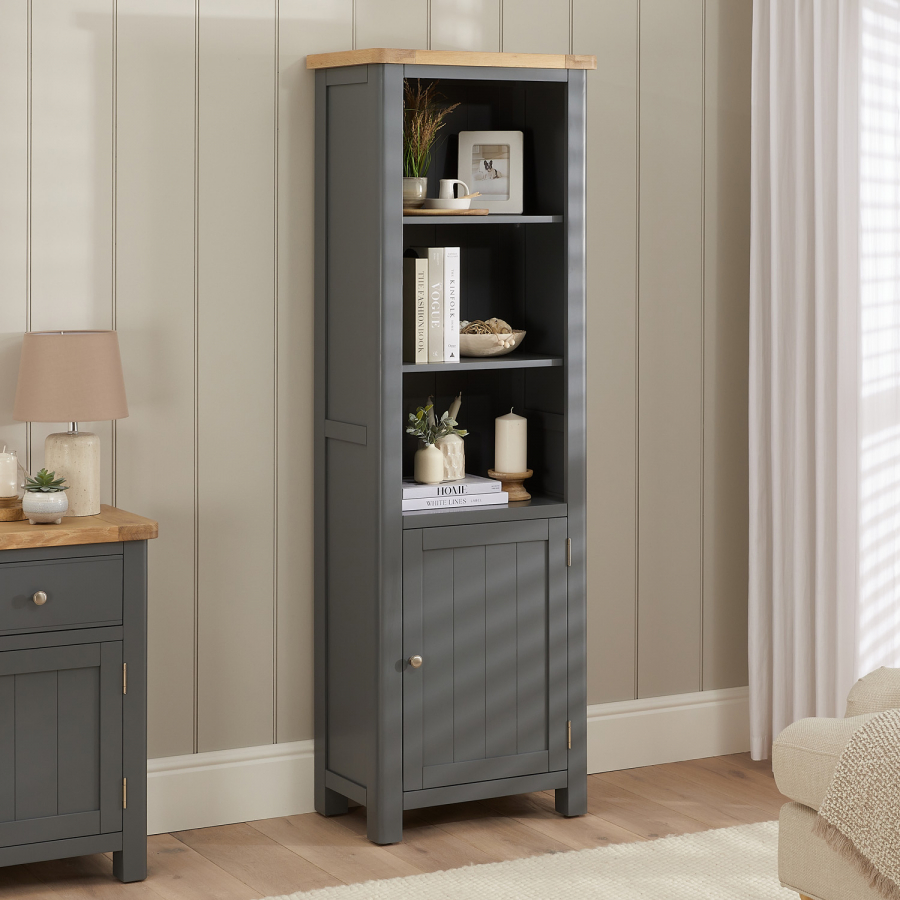 Marbury Slate Grey Painted Tall Narrow Bookcase with 1 Door Cupboard