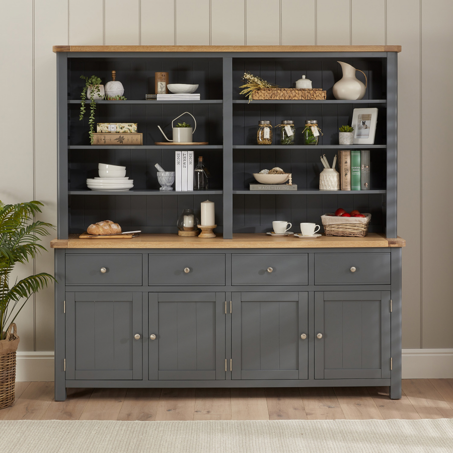 Marbury Slate Grey Painted Extra Large 4 Door Sideboard with Grand Bookcase Dresser Top