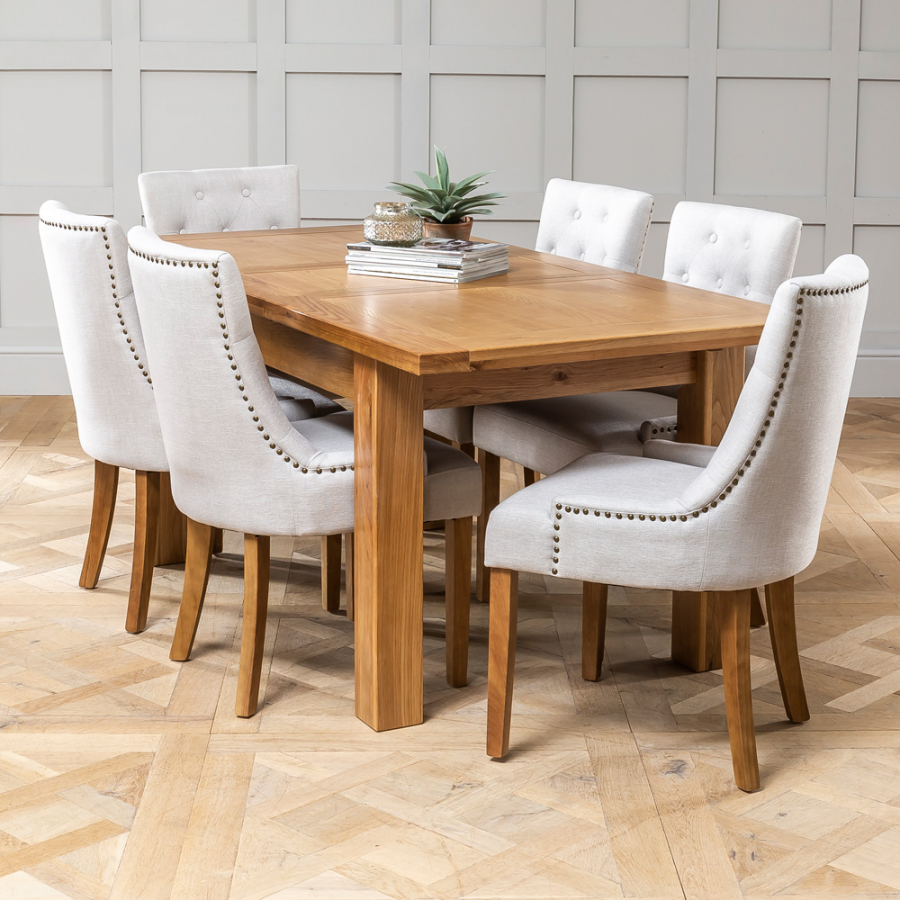 Solid Oak Medium Extending Dining Table + 6x Natural Fabric Chairs